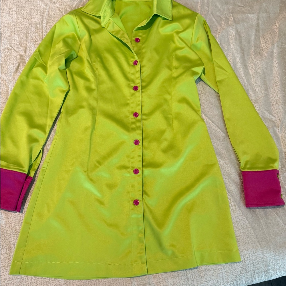 Vibrant Green Shirt Dress with Pink Accents